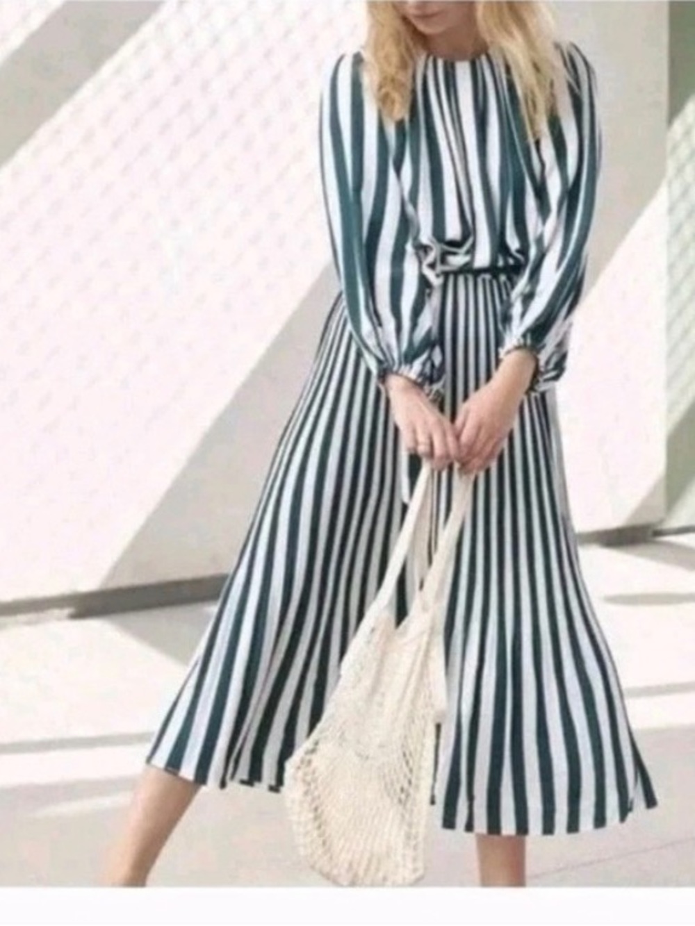 AYR Green and White Striped Midi Dress